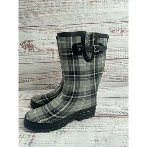 NWT Women's‎ Western Chief Black Gray & White Plaid Mid Calf Rainboots sz 9